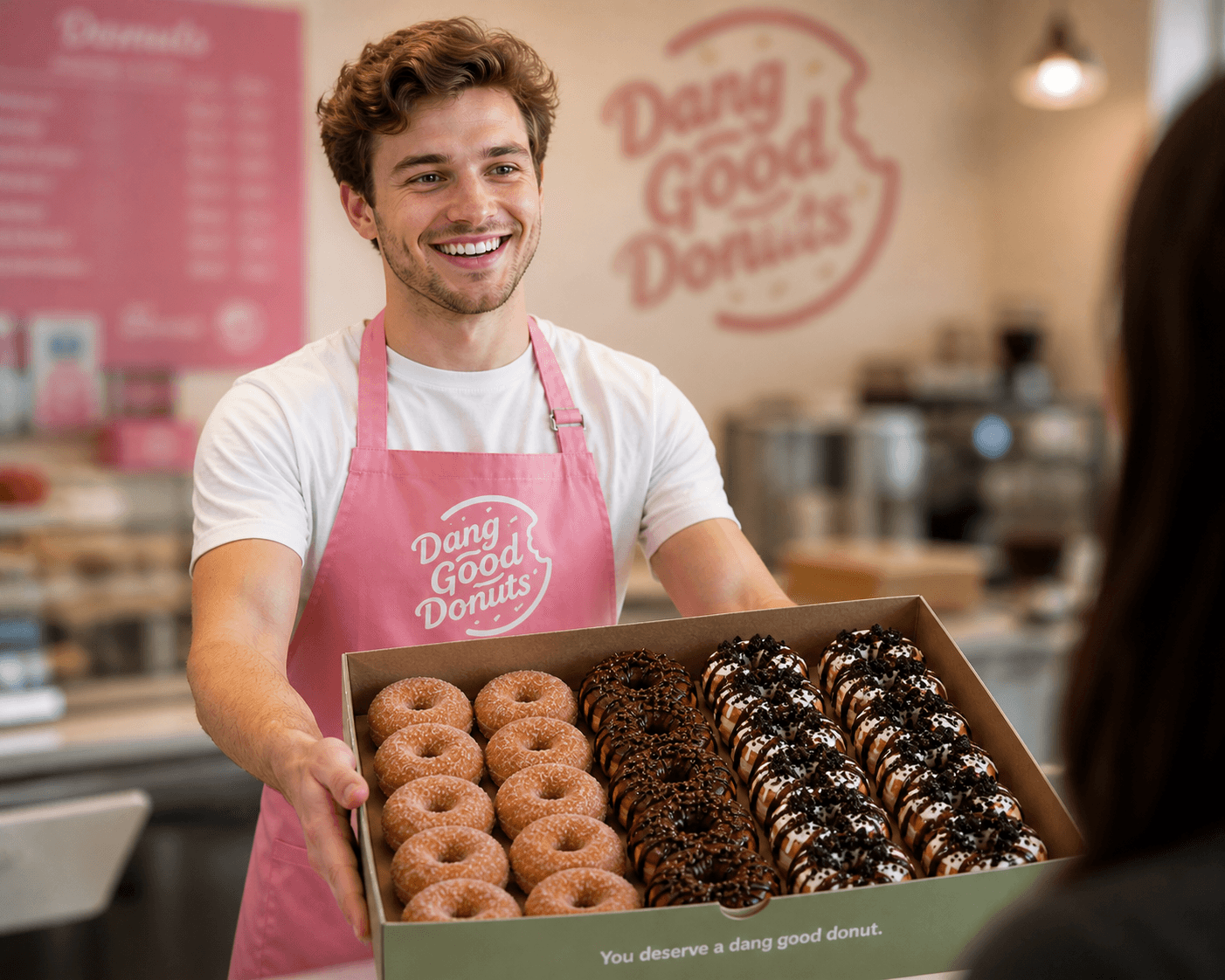 Dang Good Donuts staff serving a donut box