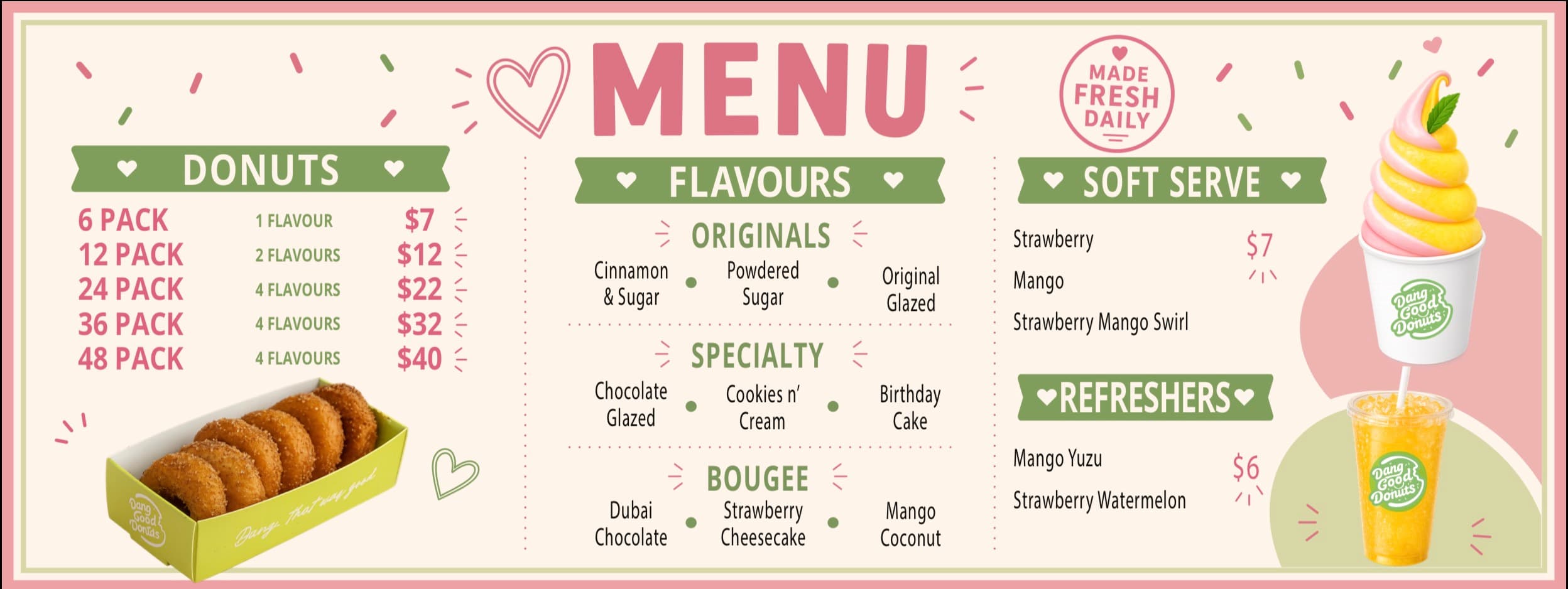 Dang Good Donuts menu board with donuts, flavours, soft serve, and coffee prices